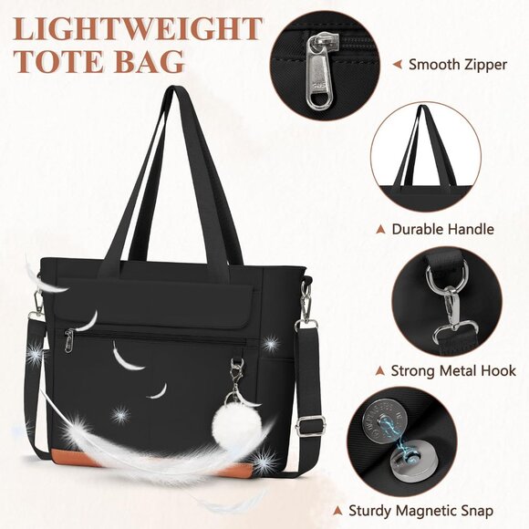 Women Black Multi-Pocket Waterproof Travel Canvas Tote Bags with Zipper - Picture 4 of 6